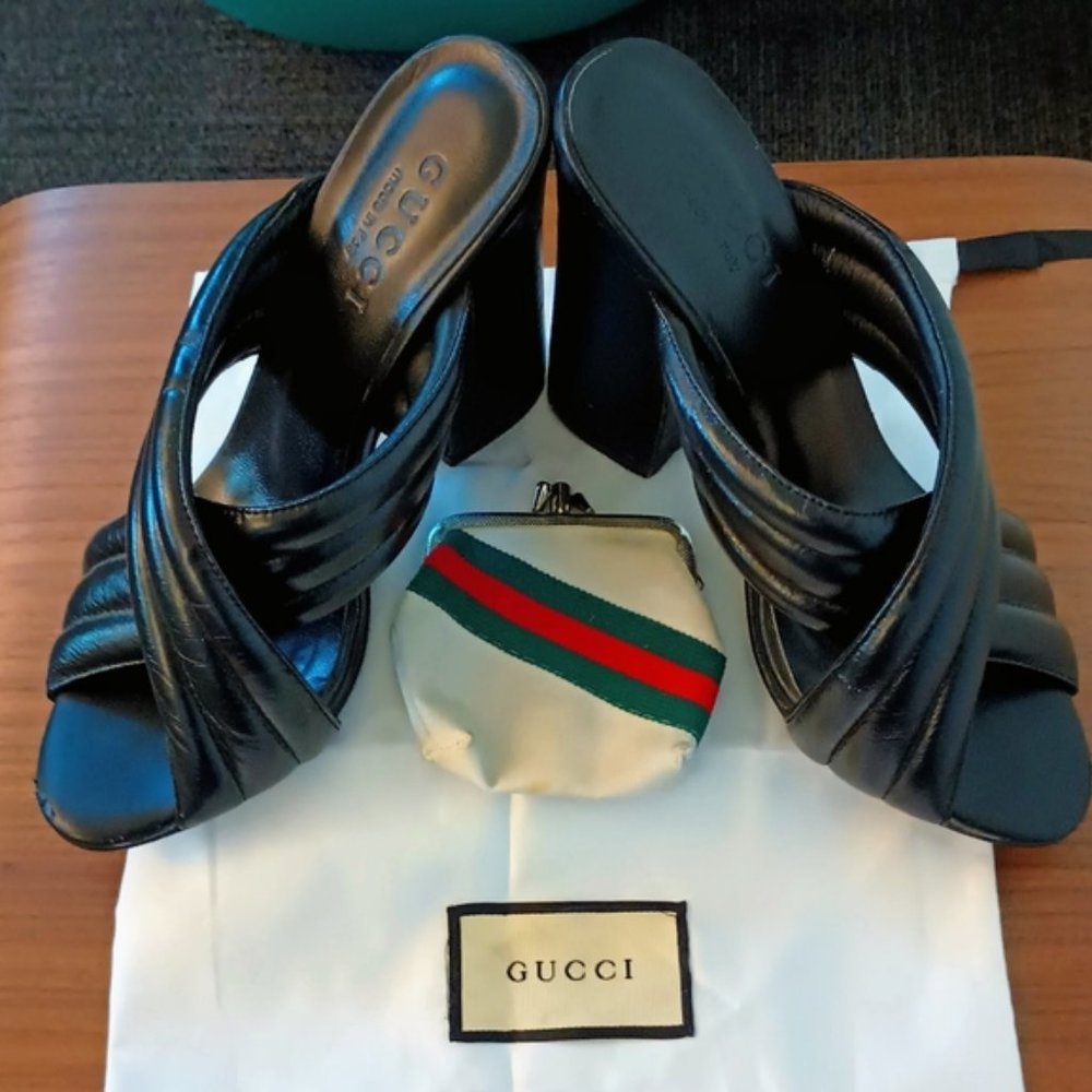 GUCCI Black Leather Open Toe Platform Heels Size 7.5